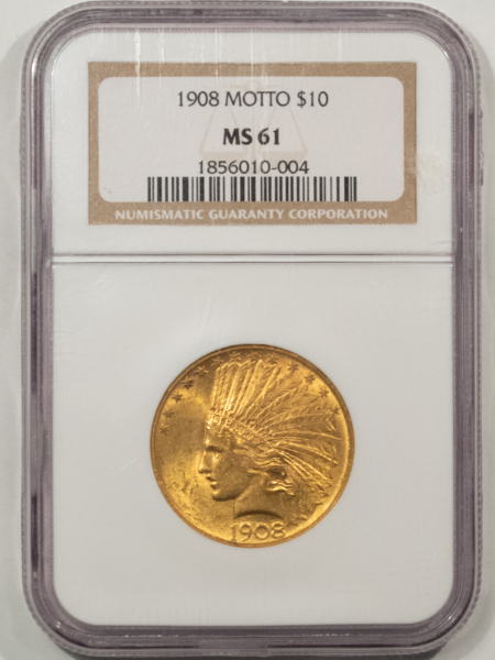 $10 1908 $10 INDIAN GOLD EAGLE, MOTTO – NGC MS-61, LUSTROUS!