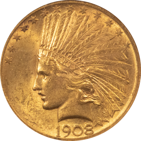 $10 1908 $10 INDIAN GOLD EAGLE, MOTTO – NGC MS-61, LUSTROUS!