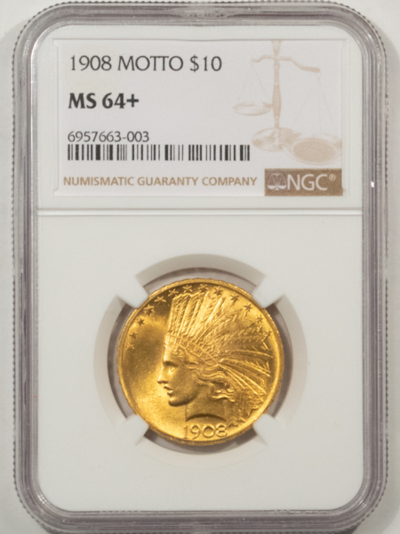 $10 1908 $10 INDIAN GOLD EAGLE, W/ MOTTO – NGC MS-64+, FLASHY NEAR GEM! TOUGH!