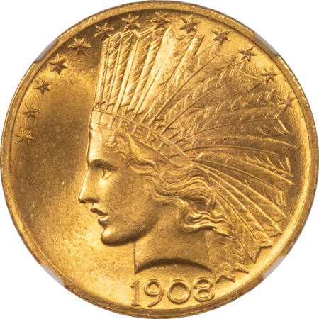 $10 1908 $10 INDIAN GOLD EAGLE, W/ MOTTO – NGC MS-64+, FLASHY NEAR GEM! TOUGH!