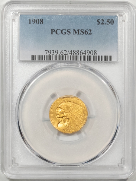 $2.50 1908 $2.50 INDIAN GOLD QUARTER EAGLE – PCGS MS-62, POPULAR FIRST YEAR ISSUE!