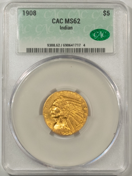 $5 1908 $5 INDIAN GOLD HALF EAGLE – CACG MS-62, LUSTROUS & PQ!