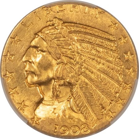 $5 1908 $5 INDIAN GOLD HALF EAGLE – CACG MS-62, LUSTROUS & PQ!