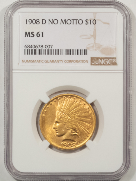 $10 1908-D $10 INDIAN GOLD EAGLE, NO MOTTO – NGC MS-61, SMOOTH LUSTROUS & TOUGH!