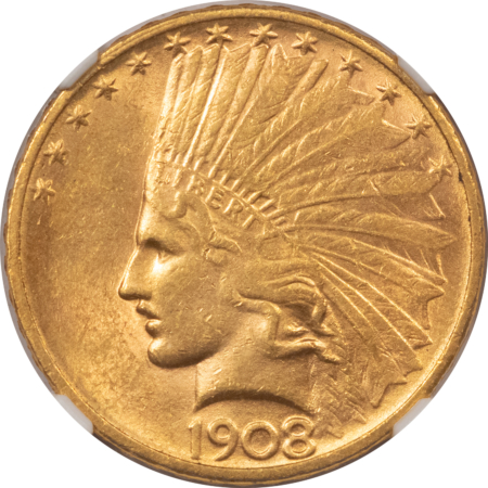 $10 1908-D $10 INDIAN GOLD EAGLE, NO MOTTO – NGC MS-61, SMOOTH LUSTROUS & TOUGH!