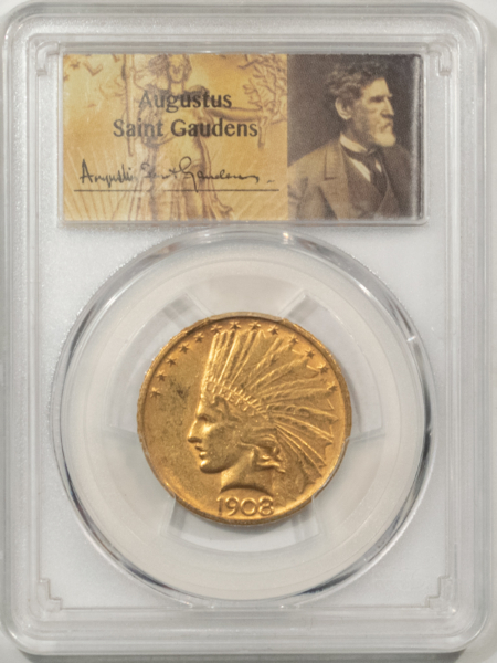 $10 1908-D $10 INDIAN GOLD EAGLE, NO MOTTO – PCGS MS-61 SAINT GAUDENS HOLDER, SCARCE