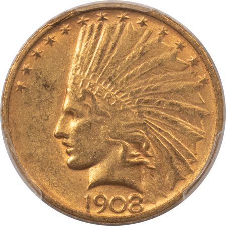 $10 1908-D $10 INDIAN GOLD EAGLE, NO MOTTO – PCGS MS-61 SAINT GAUDENS HOLDER, SCARCE