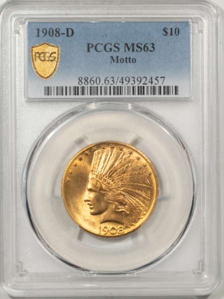 $10 1908-D $10 INDIAN GOLD EAGLE, W/ MOTTO – PCGS MS-63, FLASHY CHOICE & SCARCE!