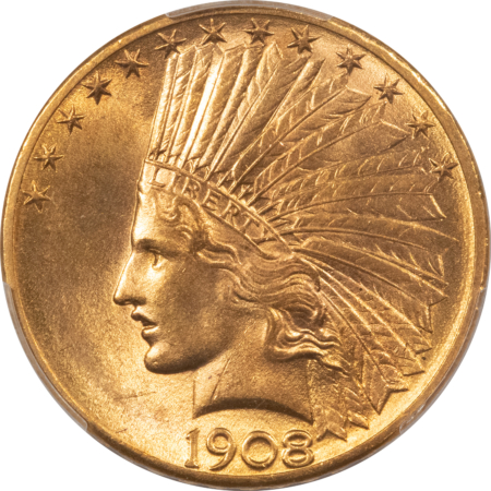 $10 1908-D $10 INDIAN GOLD EAGLE, W/ MOTTO – PCGS MS-63, FLASHY CHOICE & SCARCE!