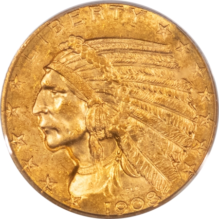 $5 1908-D $5 INDIAN GOLD HALF EAGLE – PCGS MS-64, LUSTROUS & NEARLY GEM!