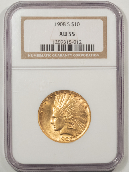 $10 1908-S $10 INDIAN GOLD EAGLE – NGC AU-55, MARK-FREE, ATTRACTIVE! TOUGH DATE!