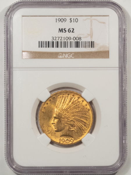 $10 1909 $10 INDIAN GOLD EAGLE – NGC MS-62, ORIGINAL BETTER PHILADELPHIA MINT ISSUE!