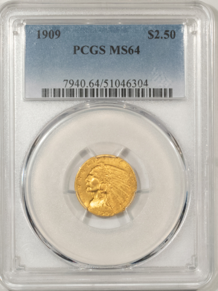 $2.50 1909 $2.50 INDIAN GOLD, PCGS MS 64-LOVELY NEAR-GEM EXAMPLE OF THIS SEMI-KEY DATE