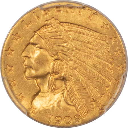 $2.50 1909 $2.50 INDIAN GOLD, PCGS MS 64-LOVELY NEAR-GEM EXAMPLE OF THIS SEMI-KEY DATE