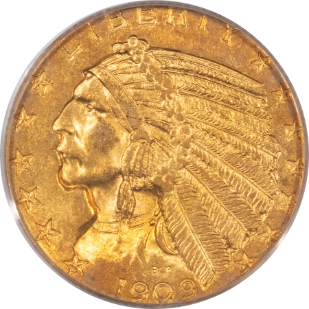 $5 1909 $5 INDIAN GOLD HALF EAGLE – PCGS MS-63, OLD GREEN HOLDER, PREMIUM QUALITY!