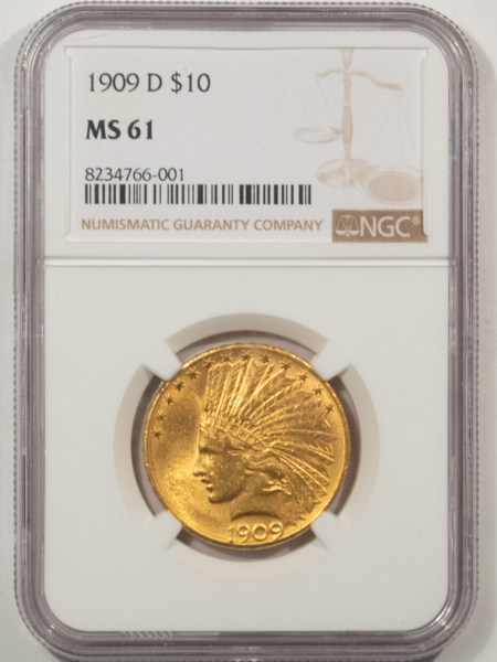 $10 1909-D $10 INDIAN GOLD EAGLE – NGC MS-61, SMOOTH LUSTROUS