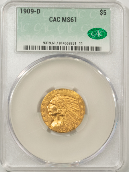 $5 1909-D $5 INDIAN GOLD HALF EAGLE – CACG MS-61, FLASHY, PREMIUM QUALITY, CAC!