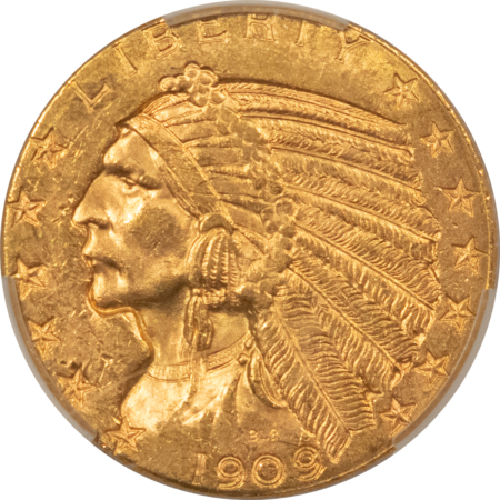 $5 1909-D $5 INDIAN GOLD HALF EAGLE – CACG MS-61, FLASHY, PREMIUM QUALITY, CAC!