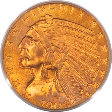 $5 1909-D $5 INDIAN GOLD HALF EAGLE – PCGS MS-63, CHOICE!