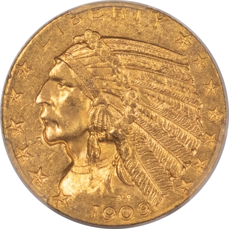 $5 1909-D $5 INDIAN GOLD HALF EAGLE – PCGS MS-63, PREMIUM QUALITY, CAC APPROVED!