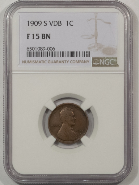 Lincoln Cents (Wheat) 1909-S VDB LINCOLN CENT – NGC F-15 BN, NICE KEY-DATE!