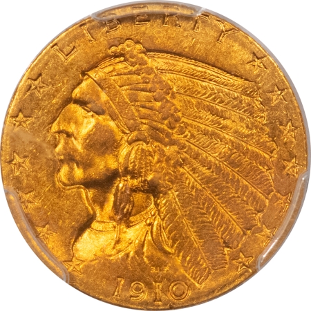 $2.50 1910 $2.50 INDIAN GOLD QUARTER EAGLE – PCGS MS-62, PRETTY DEEP GOLD COLOR!