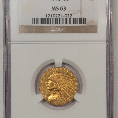 $5 1910 $5 INDIAN GOLD HALF EAGLE – NGC MS-63, ORIGINAL, BETTER DATE!