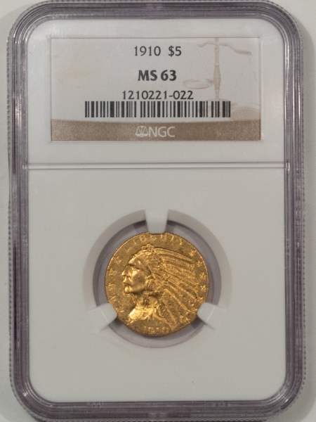 $5 1910 $5 INDIAN GOLD HALF EAGLE – NGC MS-63, ORIGINAL, BETTER DATE!