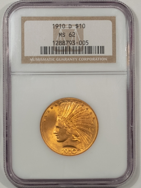 $10 1910-D $10 INDIAN GOLD EAGLE – NGC MS-62, LUSTROUS & PRETTY!