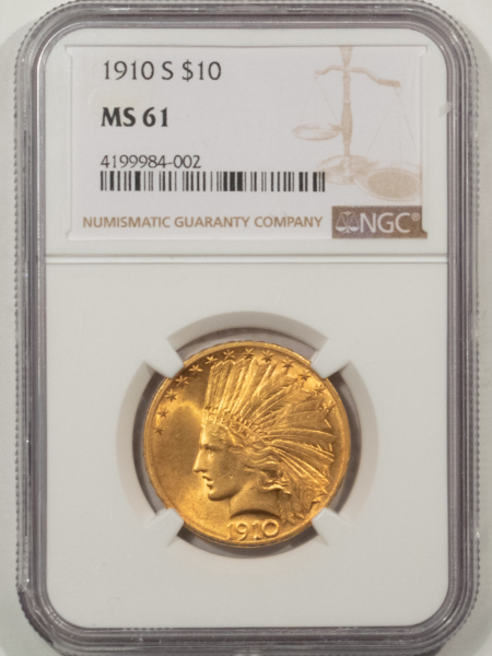 $10 1910-S $10 INDIAN GOLD EAGLE – NGC MS-61 LUSTROUS BETTER DATE!