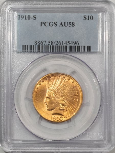 $10 1910-S $10 INDIAN GOLD EAGLE – PCGS AU-58 FLASHY & PQ, BETTER SAN FRANCISCO DATE