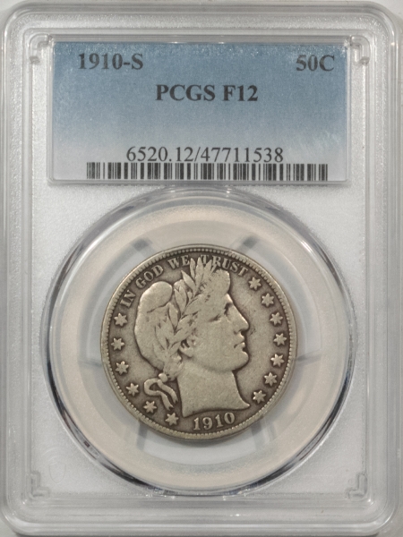 Barber Halves 1910-S BARBER HALF DOLLAR – PCGS F-12, NICE ORIGINAL!