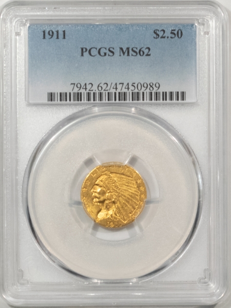 $2.50 1911 $2.50 INDIAN GOLD QUARTER EAGLE – PCGS MS-62, NICE ORIGINAL