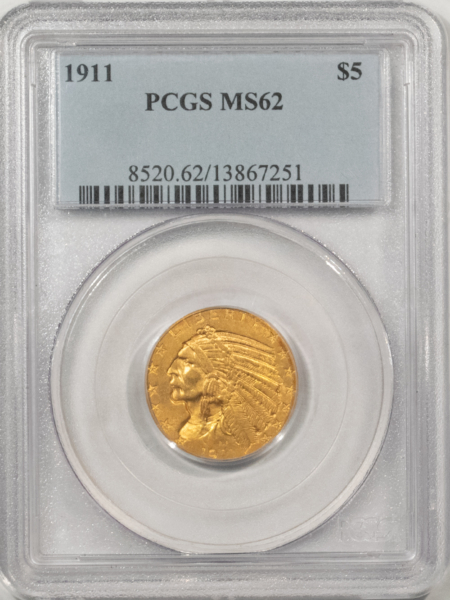 $5 1911 $5 INDIAN GOLD HALF EAGLE – PCGS MS-62, LUSTROUS AND FRESH!