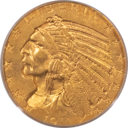 $5 1911 $5 INDIAN GOLD HALF EAGLE – PCGS MS-62, LUSTROUS AND FRESH!