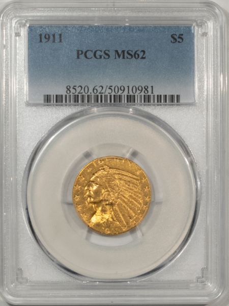 $5 1911 $5 INDIAN GOLD HALF EAGLE – PCGS MS-62, ORIGINAL LUSTER