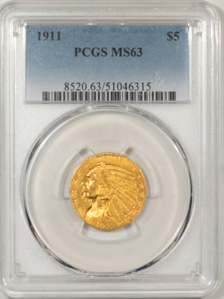 $5 1911 $5 INDIAN GOLD, PCGS MS-63, A CHOICE & LUSTROUS EXAMPLE!