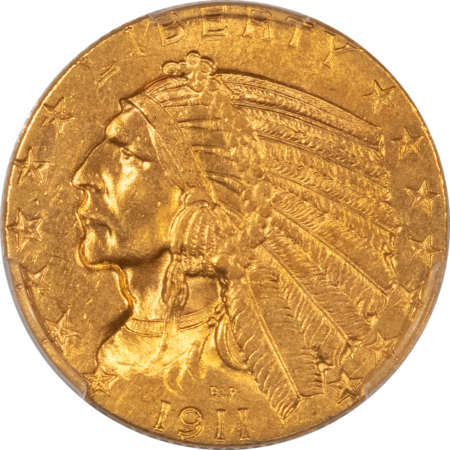 $5 1911 $5 INDIAN GOLD, PCGS MS-63, A CHOICE & LUSTROUS EXAMPLE!