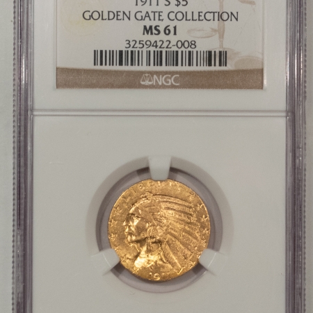 $5 1911-S $5 INDIAN GOLD HALF EAGLE – NGC MS-61, SUPER LUSTER & FRESH! TOUGH DATE!