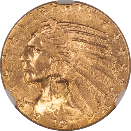 $5 1911-S $5 INDIAN GOLD HALF EAGLE – NGC MS-61, SUPER LUSTER & FRESH! TOUGH DATE!