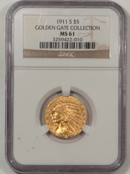 $5 1911-S $5 INDIAN GOLD HALF EAGLE – NGC MS-61, SUPERB! GOLDEN GATE COLLECTION!