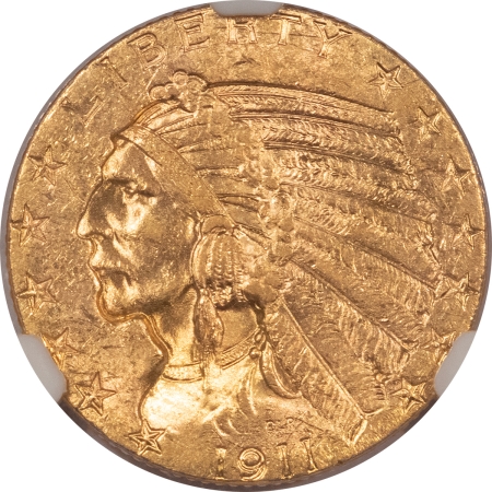 $5 1911-S $5 INDIAN GOLD HALF EAGLE – NGC MS-61, SUPERB! GOLDEN GATE COLLECTION!