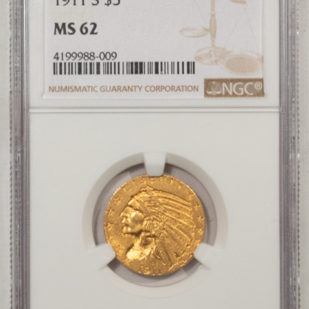 $5 1911-S $5 INDIAN GOLD HALF EAGLE – NGC MS-62, MUCH BETTER DATE, NICE LUSTER!