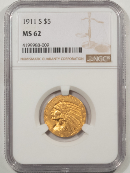 $5 1911-S $5 INDIAN GOLD HALF EAGLE – NGC MS-62, MUCH BETTER DATE, NICE LUSTER!