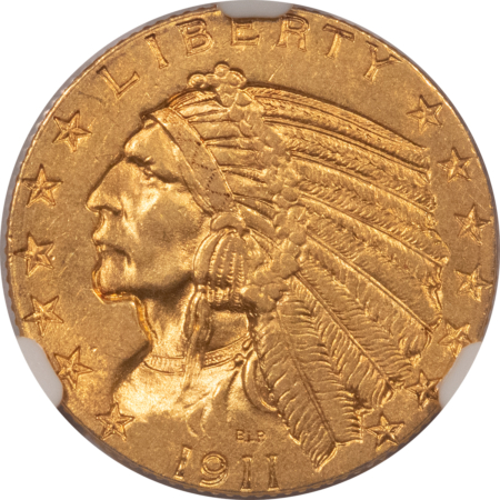 $5 1911-S $5 INDIAN GOLD HALF EAGLE – NGC MS-62, MUCH BETTER DATE, NICE LUSTER!