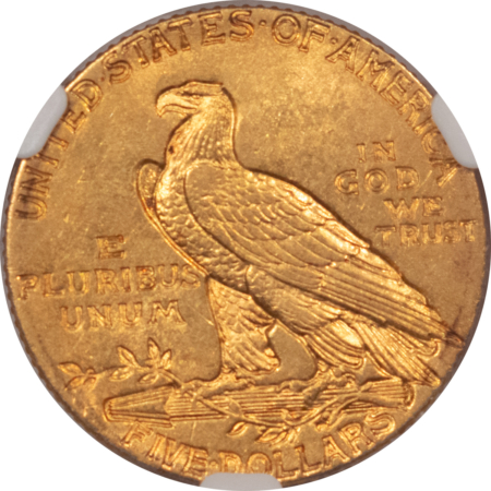 $5 1911-S $5 INDIAN GOLD HALF EAGLE – NGC MS-62, MUCH BETTER DATE, NICE LUSTER!