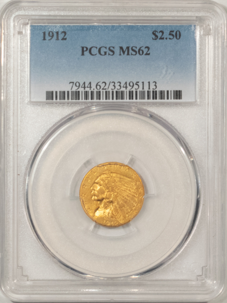 $2.50 1912 $2.50 INDIAN GOLD, PCGS MS-62, BETTER EARLY DATE AND VIRTUALLY CHOICE!