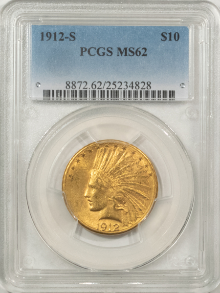 $10 1912-S $10 INDIAN GOLD EAGLE – PCGS MS-62, NICE ORIGINAL, SCARCE!