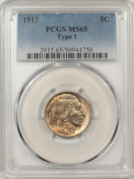 Buffalo Nickels 1913 BUFFALO NICKEL, TY 1 – PCGS MS-65, ATTRACTIVE GEM!