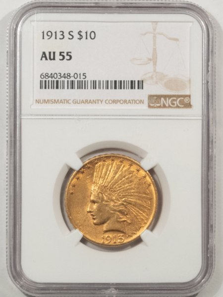 $10 1913-S $10 INDIAN GOLD EAGLE – NGC AU-55, KEY-DATE, TOUGH!